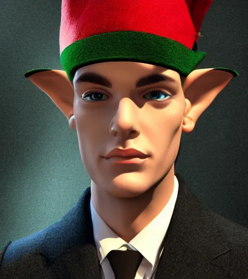 Image similar to an elf in a suit, gatsby hat, detailed portrait, detailed face, perfect lighting hd, 4 k, realistic, photorealistic