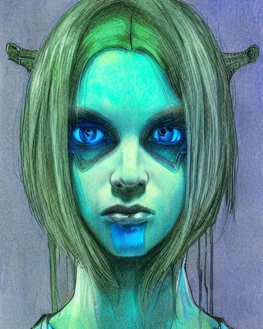 Prompt: blue hair cyborg girl with pale skin in a gloomy hotel room with green neon lights. portrait drawing by enki bilal. art nouveau, neo - gothic, gothic, rich deep moody colors