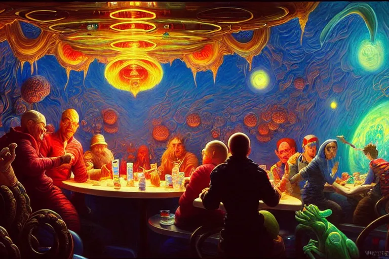 Prompt: Inside a diner at the edge of the universe where everyone will be safe. trending on Pixiv. trending on ArtStation. A vibrant digital oil painting. An absurdly-detailed fantasy illustration by Wayne Reynolds, Jason Chan, Jesper Ejsing, Charles Monet, Gustave Dore, Carl Critchlow, Bram Sels