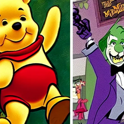 Image similar to winnie the pooh as the joker from batman, winnie the pooh cast as the joker