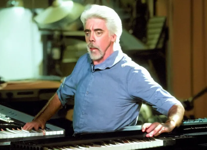 Image similar to michael mcdonald playing keyboard, movie still, from the new gremlins movie, 8 k, realistic