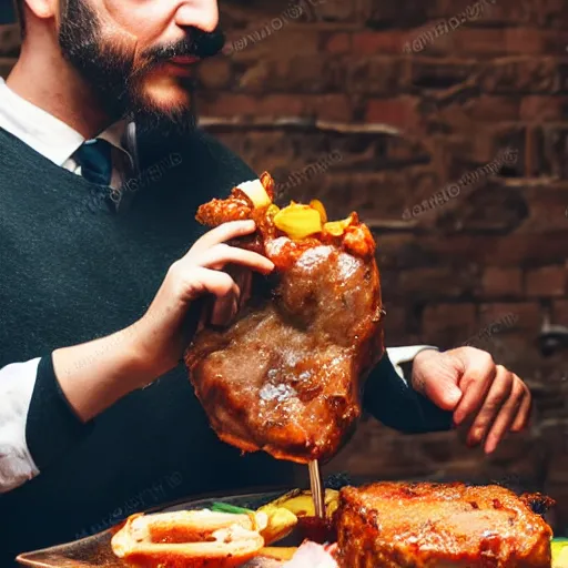 Image similar to man with guy fawkes mask eating pork chop