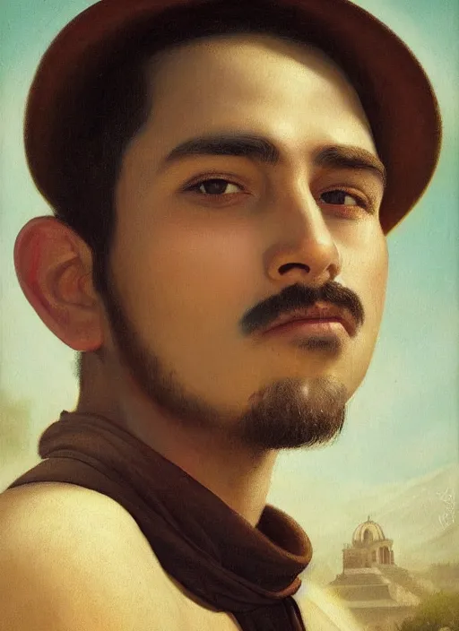 Image similar to portrait of a handsome mexico in old jalisco, painting by manuel sanjulian and tom bagshaw, oil on canvas, hyperrealism