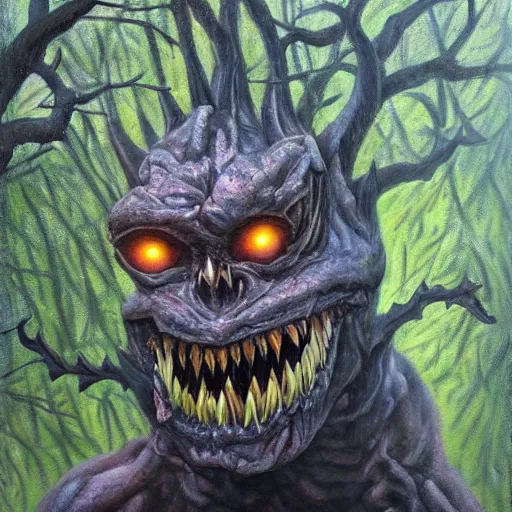 Image similar to hyperrealistic oil painting, super detailed, scary monster made by tar, in the forest, award winning,