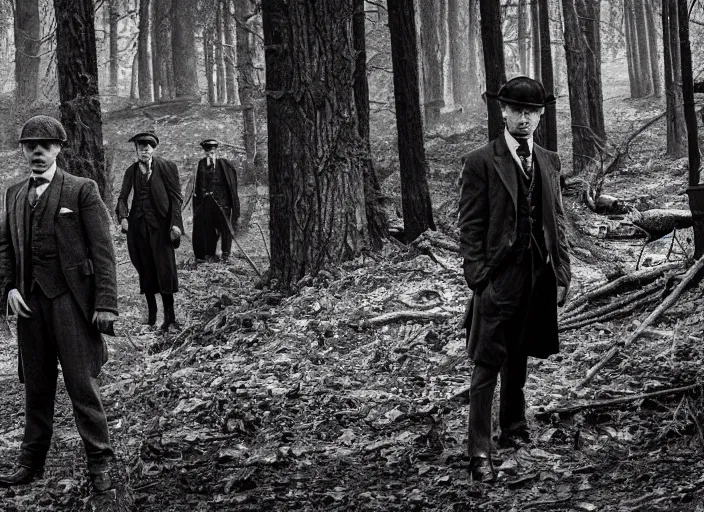 Image similar to a scene from peaky blinders, medium long shot, cillian murphy and tom hardy in a dramatic scene in the woods, sharp eyes, serious expressions, detailed and symmetric faces, black and white, epic photo by talented photographer ansel adams,