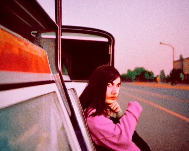 Image similar to lomo photo of shy goth girl sitting in empty bus, sunset, cinestill, bokeh