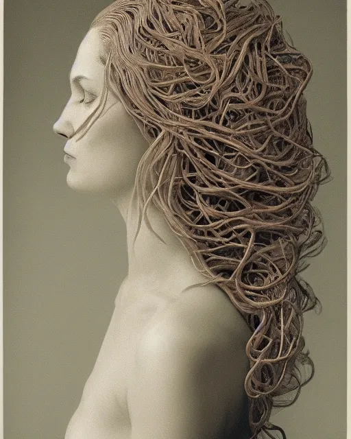 Image similar to a woman's face in profile, long flowing hair entwined in a coral reef, made of intricate decorative lace leaf, in the style of the dutch masters and gregory crewdson, dark and moody