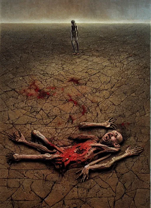 Prompt: painting of disturbing saul goodman lying on concrete ground, decrepit, corpse-like, by jon hale, beksinski, giger