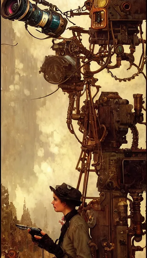 Image similar to hyper realistic photographer looking through camera towards viewer, magical, steampunk, painted by james gurney, norman rockwell, tom bagshaw, mucha, gaston bussiere, craig mullins, j. c. leyendecker 8 k