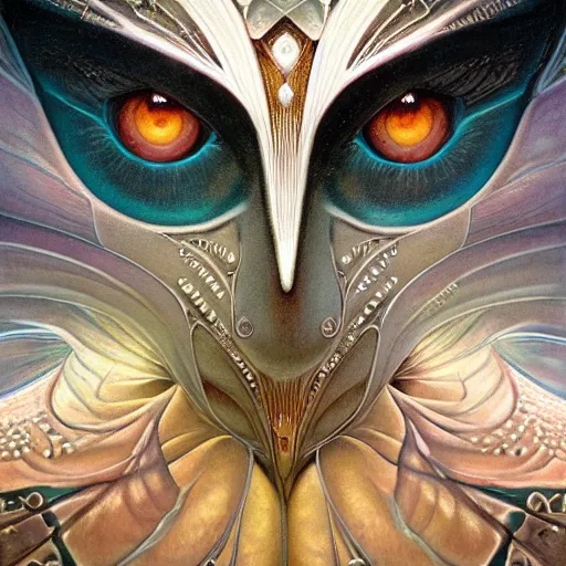 Image similar to beautiful closeup portrait of an art deco witch, glowing eyes. reflective detailed textures, moth wings, highly detailed dark fantasy science fiction painting by michael whelan and diego rivera and annie swynnerton and jean delville, elaborate geometric ornament, ancient runes, silver and cool colors. artstation