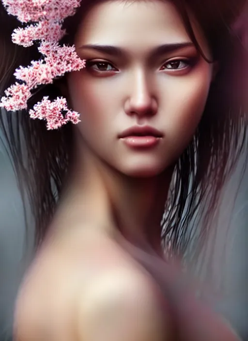 Image similar to photo of a gorgeous female with messy hair in the style of stefan kostic, realistic, body shot, sharp focus, 8 k high definition, insanely detailed, intricate, elegant, art by stanley lau and artgerm, cherry blossoms