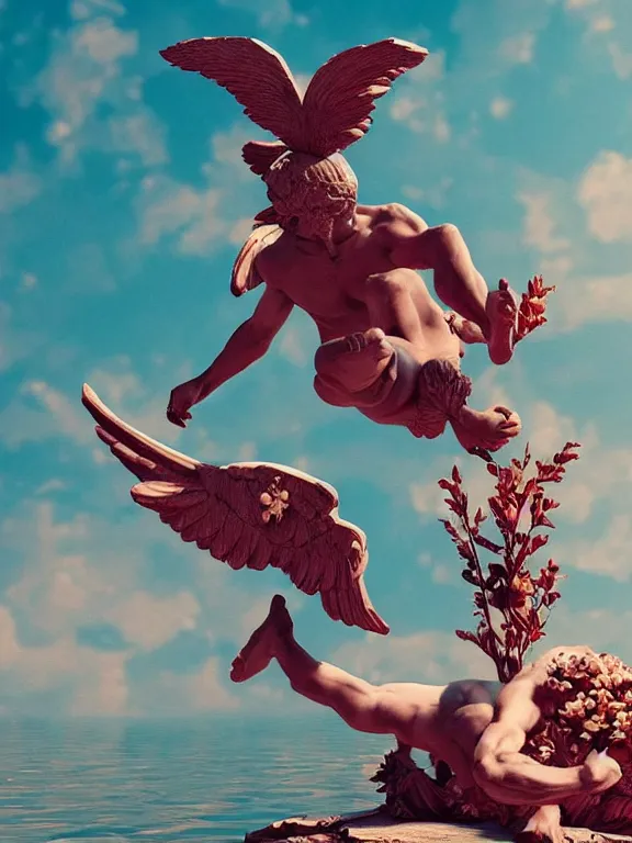 Prompt: a falling man in the form of a Greek sculpture with wings sinking in lake, skull, flowers, baroque. painting by marvel comix. Trending on artstation. octane render, cinematic, hyper realism, octane render, 8k, depth of field, bokeh. iridescent accents. vibrant. teal and gold and red colour scheme