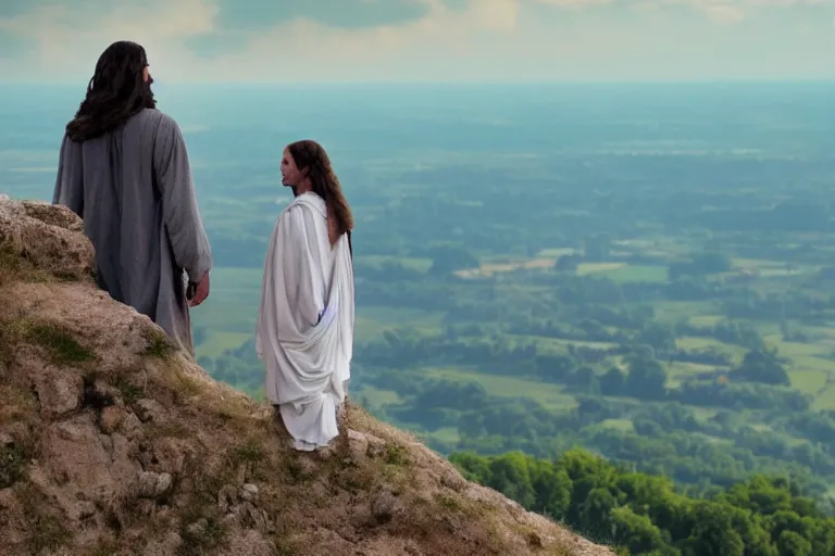 Image similar to a unique close - up photo of jesus and mary magdalene standing on a cliff looking over a beautiful landscape in france, rennes - le - chateau, award winning photo, very detailed, very realistic cinematic