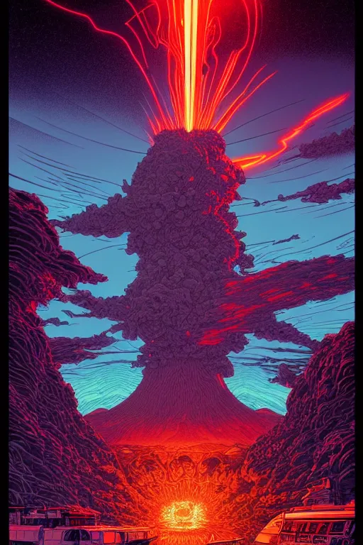 Image similar to artwork by kilian eng and ( dan mumford ) and toshi yoshida and franklin booth showing a futuristic powerstation!! in front of a ( ( exploding volcano ) ), vintage scifi, high details, dramatic lightning,, 8 k