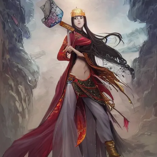 Image similar to An epic fantasy comic book style portrait painting of a gorgeous sword dance Chinese costume woman , by WLOP trending on artstation & pinterest, long hair, smoke, full body XIANXIA, Chinese temple, depth of field by Yoji Shinkawa 4k