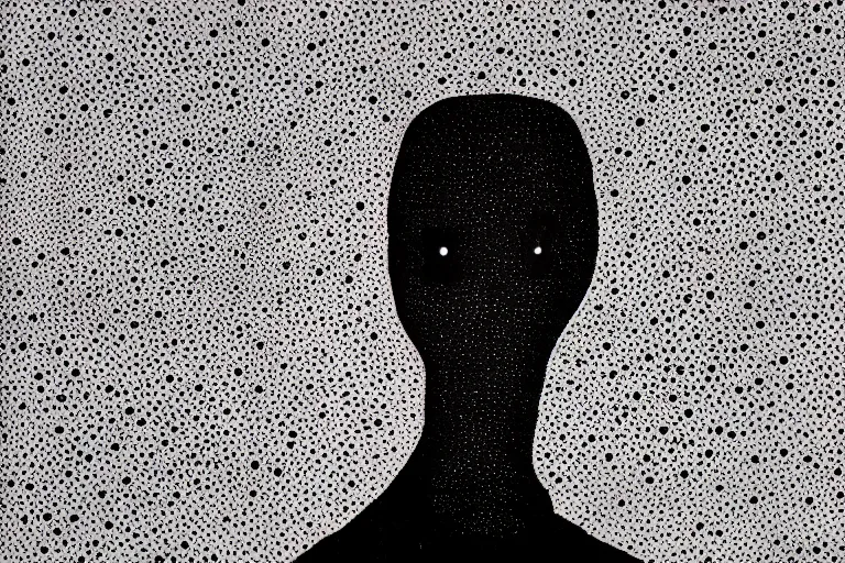 Image similar to anxiety, faceless people dark, dots, drip, stipple, pointillism, technical, abstract, minimal, style of francis bacon, asymmetry, pulled apart, cloak, eerie, made of dots, abstract, balaclava mask, colored dots, sploch