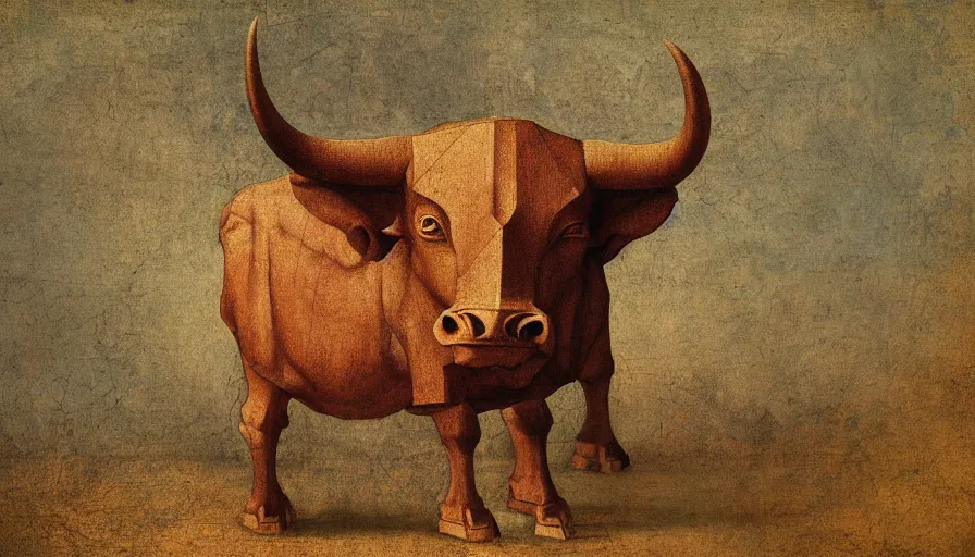 Prompt: moloch bull by leonardo da vinci, oil painting, classical painting, digital art, vivid colors, sharp focus, restored