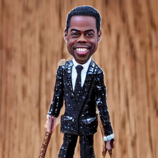 Image similar to miniature chris rock made of crystallized sugar on a wooden stick