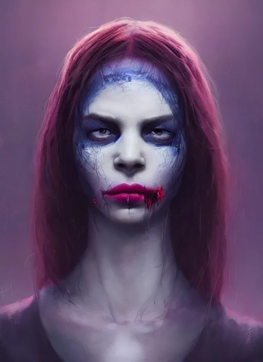 Image similar to portrait of sinister girl with pouty aerochrome lips, fungal, unforgivable, cute bandaid on nose!!, expressive eyes, playful pose of a demon, greg rutkowski, charlie bowater, yuumei, stephen gammell, unreal 5, daz, hyperrealistic, octane render, rpg portrait, dynamic lighting, fantasy art, beautiful face