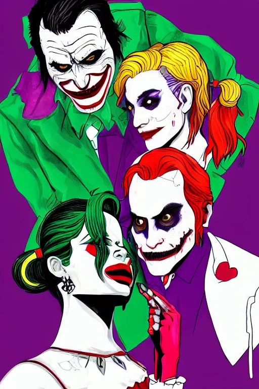 Image similar to joaquin phoenix as joker and lady gaga as harley quin love each other, fix duplicate content!, violet polsangi pop art, gta chinatown wars art style, bioshock infinite art style, incrinate, realistic anatomy, hyperrealistic, two colors, white frame, content proportion