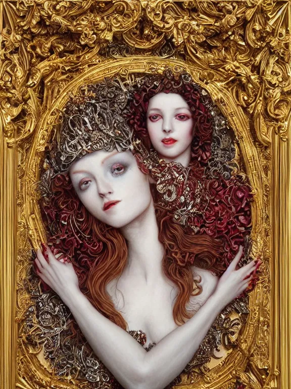 Image similar to a beautiful portrait render of two red veiled queen with baroque symmetry intricate detailed ,heart,pray,love,crystal-embellished,by Daveed Benito,LEdmund Leighton,Virginie Ropars,peter gric,aaron horkey,Billelis,trending on pinterest,hyperreal,gold,silver,ivory,maximalist,glittering,golden ratio,cinematic lighting