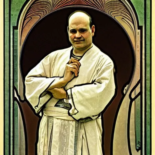 Prompt: “ george costanza, saint, by alphonse mucha ”