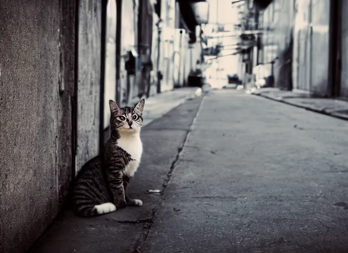 Image similar to photography of a Cat sitting on a box. in a cyberpunk street, award winning photo, colors, 100mm, sharp, high res