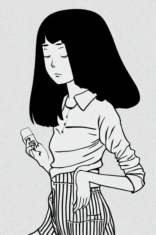 Prompt: portrait of a girl in long pants and a top, hands in pockets, eyes closed, bob haircut, digital art, black and white, lineart by junji ito