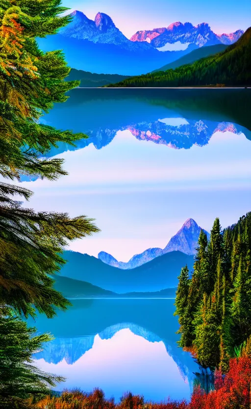 Prompt: highly detailed realistic photo of calm lake, mountains in background, vibrant colors, award winning masterpiece photography, hyper realistic, concept art, 8 k detail post - processing