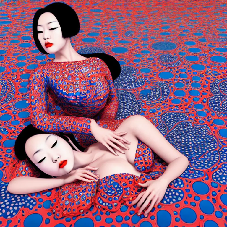 Image similar to hyperrealistic detailed image of a geisha laying in a art installation room, hd smooth interior by yayoi kusama, part by kei mieno, part by ross tran, dark art by james jean, ultra realistic, highly detailed, life like face, detailed body, 8 k, 3 d render by roger magrini, very cohesive, masterpiece