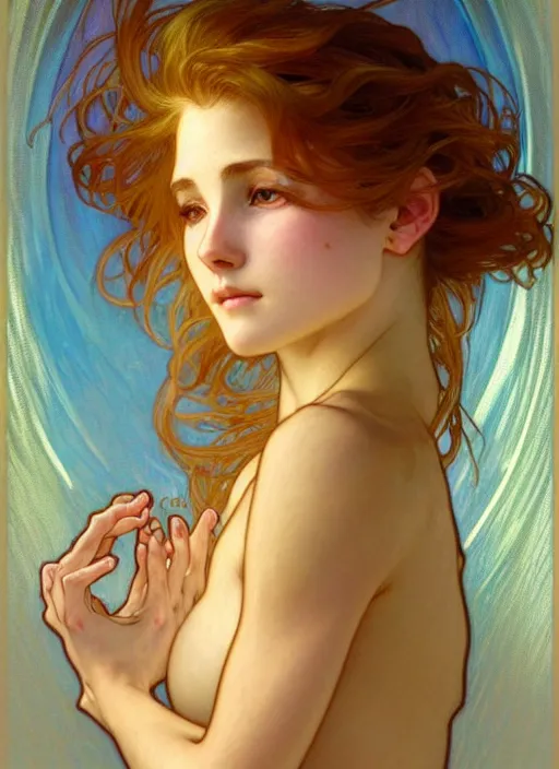 Prompt: digital character concept art by artgerm and gaston bussiere and alphonse mucha. clear portrait of a shy modern wife blessed by god to grow immaculately attractive and perfect!! blonde, in clothes! gifted holy body! light effect. hyper detailed, glowing lights!! intricate, elegant, fertility, digital painting, artstation, smooth, sharp focus