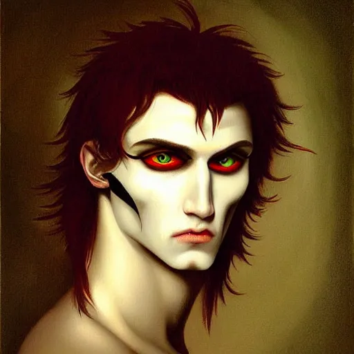 Image similar to attractive twenty first century male vampire beautiful eyes. highly detailed painting by michelangelo 8 k