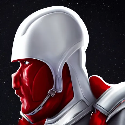 Image similar to headshot of a tall athletic muscular infantry man in glossy sleek white armor with tiny red details and a long red cape, heroic posture, strong jawline, on the surface of mars, night time, dramatic lighting, cinematic, sci-fi, hyperrealistic