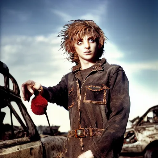 Image similar to a skinny high-fantasy elf with a long face narrow chin and spiky blonde hair wearing dark brown overalls and holding a bomb next to a destroyed car, gel spiked hair, high resolution film still, HDR color