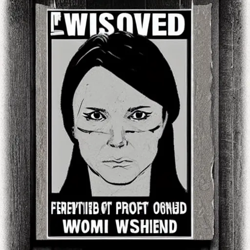 Image similar to front view, woman serial killer, wanted poster. fbi most wanted, magic, witchcraft,
