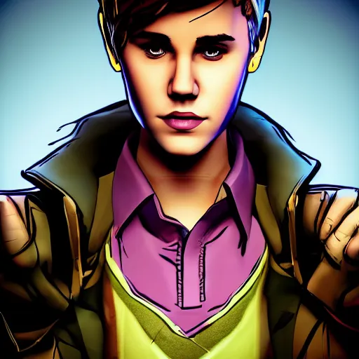 Image similar to justin bieber portrait, borderlands, tales from the borderlands, the wolf among us, comic, cinematic lighting, studio quality, 8 k