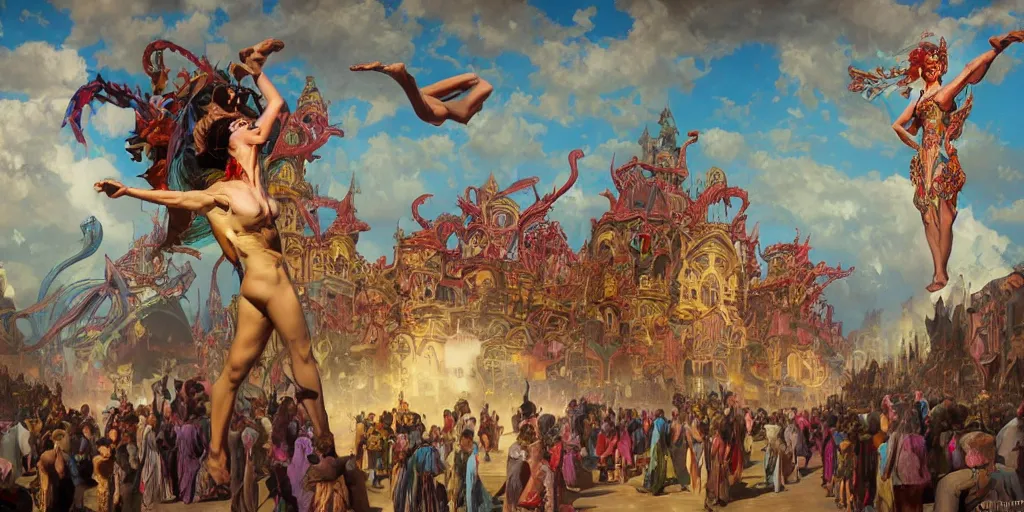 Image similar to matte painting of the carnival of the damned, expressive poses, acrobatic, rainbow eyes, ornate frilly dress, fantasy, intricate, elegant, highly detailed, digital painting, artstation, concept art, smooth, sharp focus, illustration, art by artgerm and greg rutkowski and alphonse mucha, Zdzisław Beksiński octane render, 3d, hyperrealistic