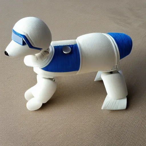 Prompt: young robot dog in a sunny oceanic landscape made of ivory and fabric, beautiful natural soft rim light intricate sapphire