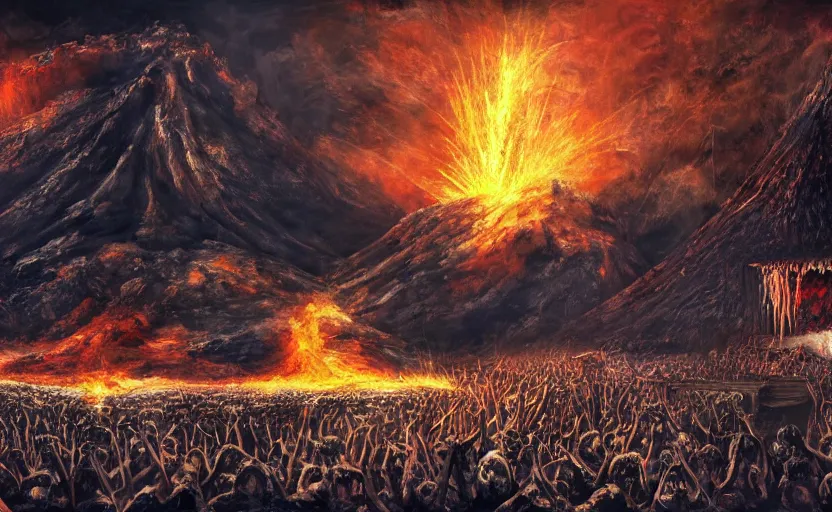 Prompt: a heavy metal band plays on a stage suspended over a volcano, dramatic digital painting by Karl Kopinski, 4k wallpaper, distressed edges on canvas, demonic beings are cheering for the band, heavy metal album cover