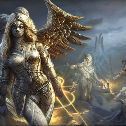 Image similar to warriors of light like angels, realistic, very detailed