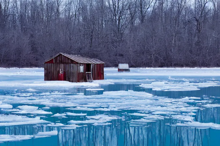 Image similar to landscape photography. ice fishing shack on a frozen lake, wes anderson film screenshot