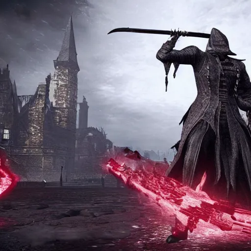 Prompt: Kim Kardashian fighting monsters in the setting of Bloodborne, gothic, detailed,