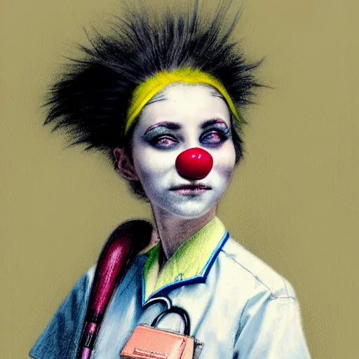 Image similar to clowncore pastel punk young hospital nurse wearing stylish uniform. detailed, portrait, 8 k, artwork by jean - baptiste monge