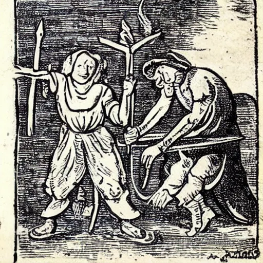 Prompt: witchraft : a witch and a devil making a nail with which to make a boy lame. woodcut, 1 7 2 0.