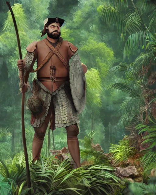 Image similar to detailed 3d render of a spanish conquistador in a dense jungle, art by nicola saviori and studio ghibli, cgsociety, trending on artstation, symmetric