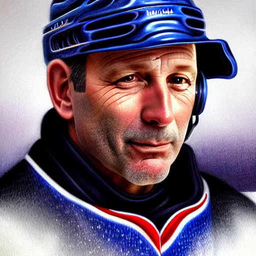 Image similar to beautiful portrait of hockey coach Clint Malarchuk, fantasy, intricate, elegant, highly detailed, digital painting, artstation, concept art, smooth, sharp focus, luxury fashion illustration, art by artgerm and greg rutkowski and alphonse mucha, brightly lit cinematic soft lighting, photorealistic