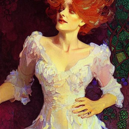 Prompt: mandelbrot portrait of a beautiful woman by gil elvgen, greg manchess, mucha