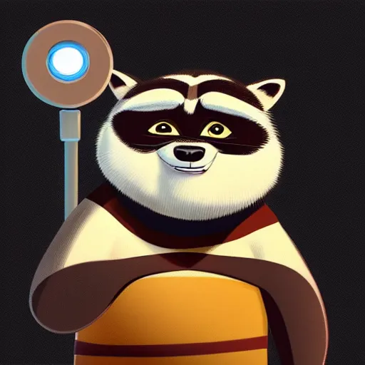 Image similar to “ portrait of a racoon in the style of kung fu panda holding laser gun, with a black background, digital art, award winning, trending on art station, retro style ”