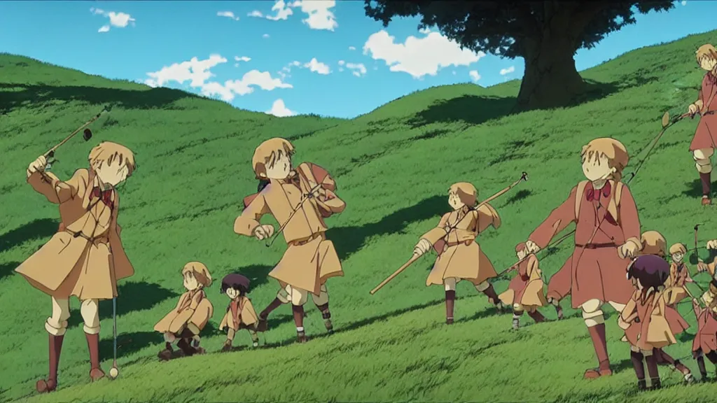 Prompt: pied piper luring children up a hill by playing his pipe, anime film still from the an anime directed by katsuhiro otomo with art direction by salvador dali, wide lens