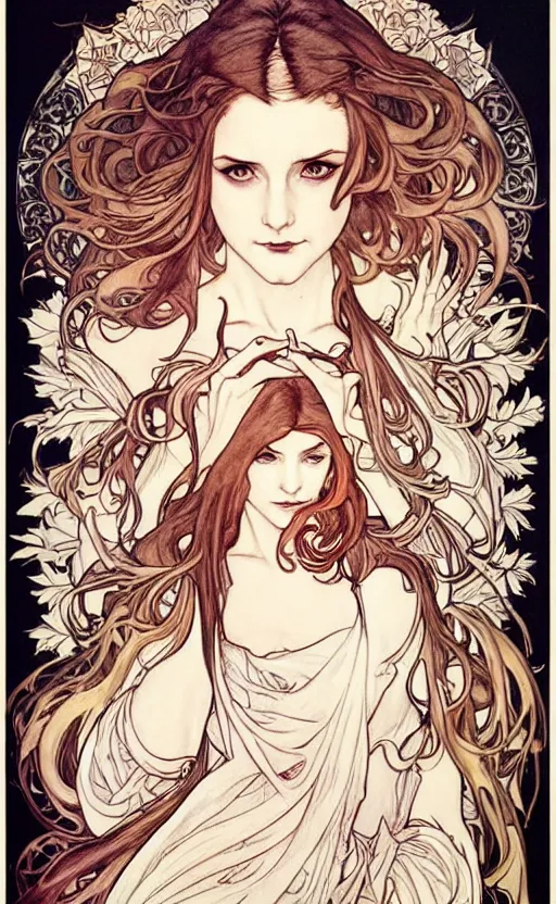 Image similar to in the style of artgerm, arthur rackham, alphonse mucha, evan rachel wood, symmetrical eyes, symmetrical face, flowing white dress, hair blowing, full body, intricate filagree, warm colors, cool offset colors